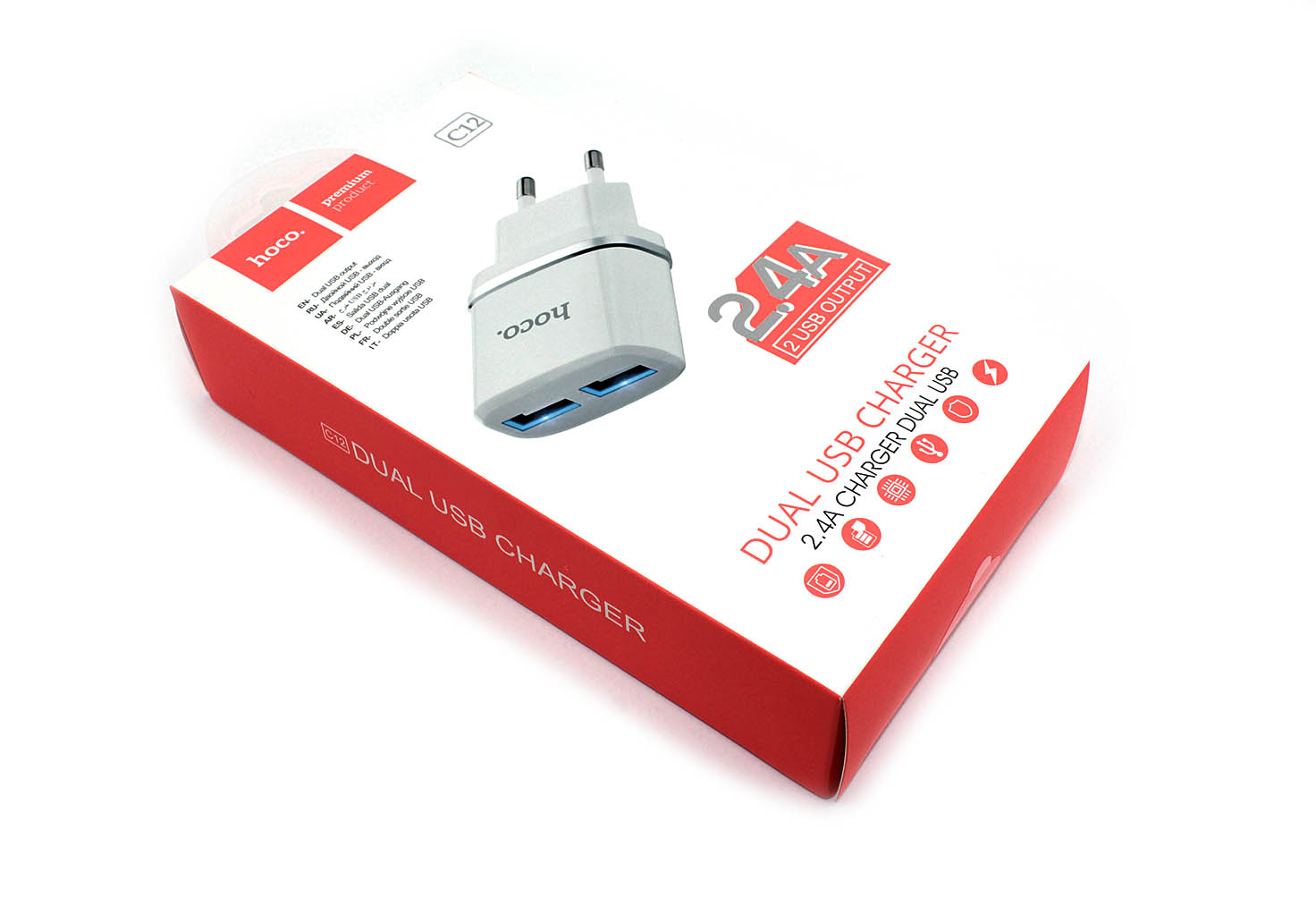 Блок питания (сетевой адаптер) HOCO C12 Smart два порта USB, 5V, 2.4A, белый